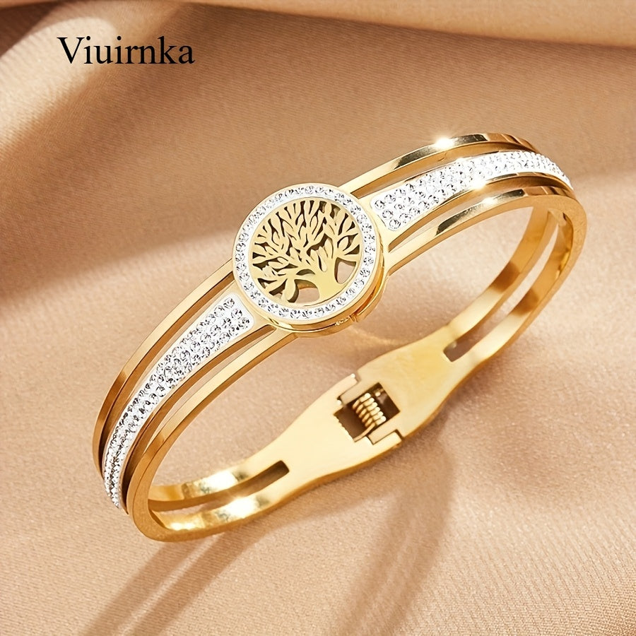 Tree of Life Bangle Bracelet for Women Stainless Steel Hypoallergenic – Symbolic Charm Cuff Gift Box Included Steel & Gold Tone Birthday Anniversary Mother's Day Valentine Gift