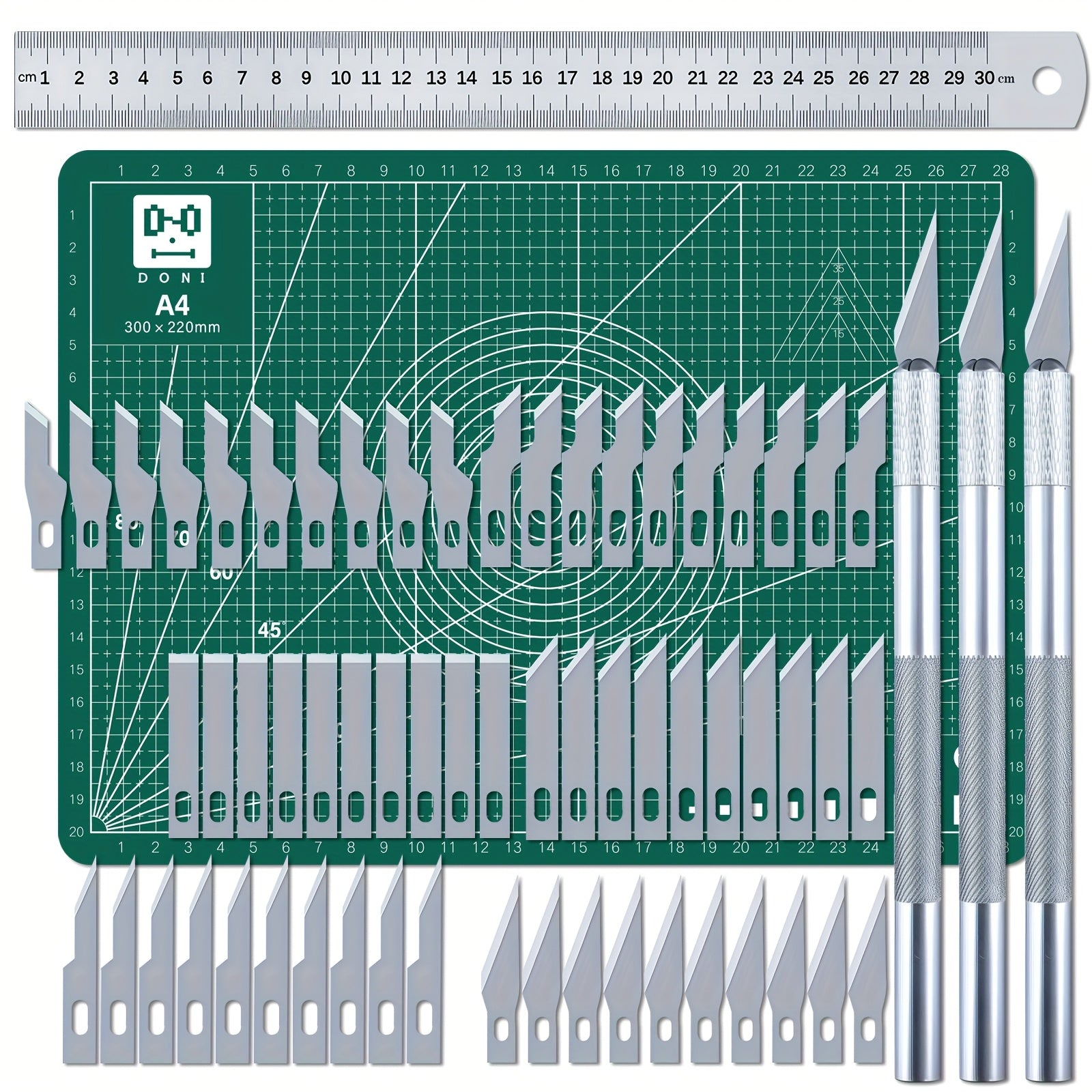 65-Piece Exacto Knife Craft Cutting Kit with A4 Self-Healing Cutting Mat – Precision Stencil Knife, Replacement Blades & Rulers for Paper Modelling DIY Scrapbooking Art Card Making