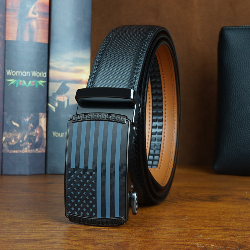 Set of 2 Men's Split Leather Ratchet Belts – American Flag Design with Automatic Slide Alloy Buckle, Adjustable Golf & Casual Dress Belts in Black & Brown, Sizes 110cm to 130cm (Waist 30"-44")