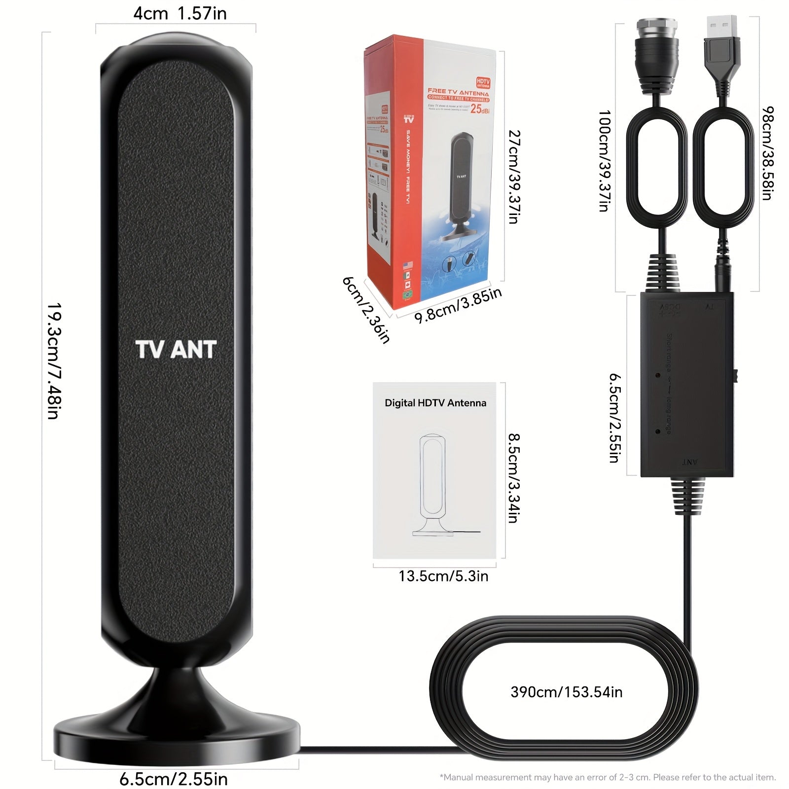 Indoor TV Antenna 200 Mile Range – 4K 1080P HD Signal Amplifier, 360° Reception, 16ft Cable, Free Local Channels, No Monthly Fee, Compatible with All TVs