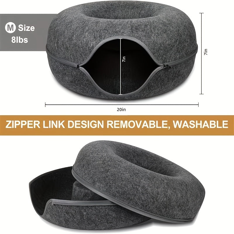 Cat Tunnel Bed with Donut Hole Indoor Hiding Place - All-Season Collapsible Soft Plush Cat Cave Bed for Indoor Cats, Dark Gray & Light Gray, 20 & 24 Inch, Perfect Cat Gift