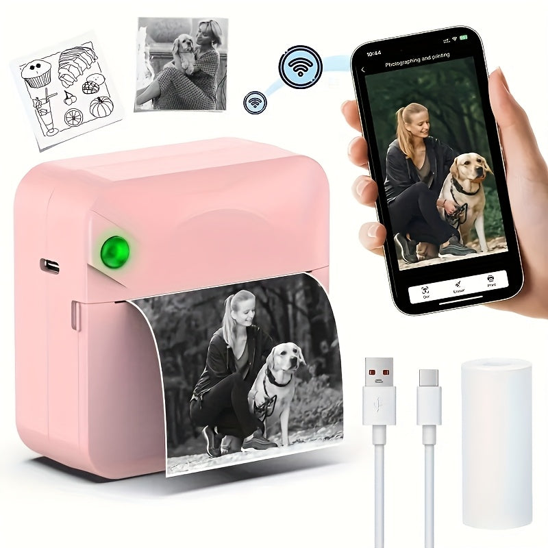 Portable Bluetooth Thermal Printer Mini Pocket Ink-Free Prints Photos Notes Stickers Diaries Labels Rechargeable Includes Thermal Paper Roll Blue Pink Black White