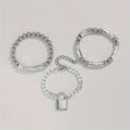 3pcs 925 Sterling Silver Beaded Punk Bracelet Set with Lock Pendant – Exquisite Stackable Edgy Silver Wrist Jewelry for Women Men Teens, Party Festival Daily Wear Gift