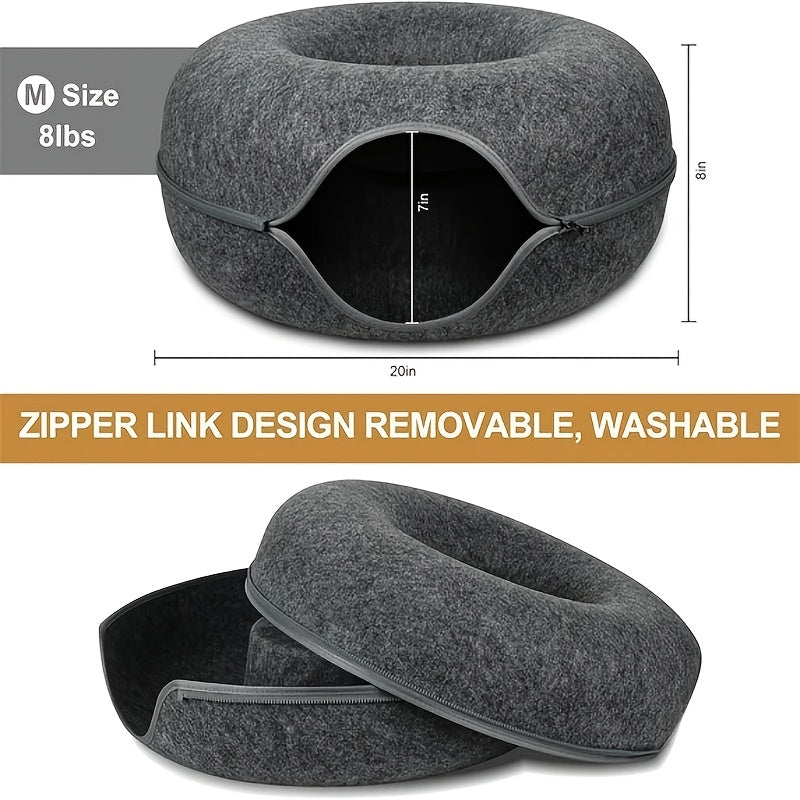 Cat Tunnel Bed with Donut Hole Indoor Hiding Place - All-Season Collapsible Soft Plush Cat Cave Bed for Indoor Cats, Dark Gray & Light Gray, 20 & 24 Inch, Perfect Cat Gift
