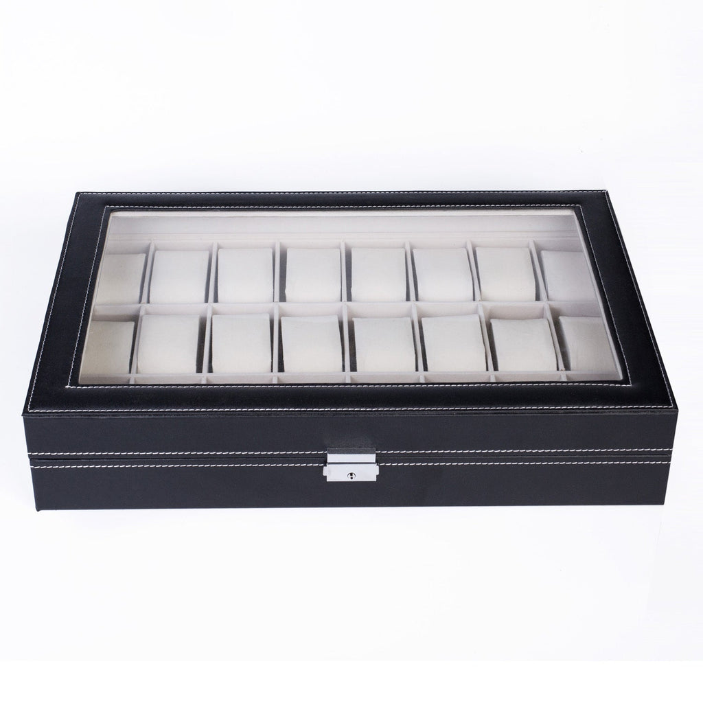 24-Slot PU Leather Watch Box Organizer Large Capacity – Top-Opening Lid Watch Display Case Cushioned Storage for Men Women Watch Collector Gift Black 43x29x8.5cm