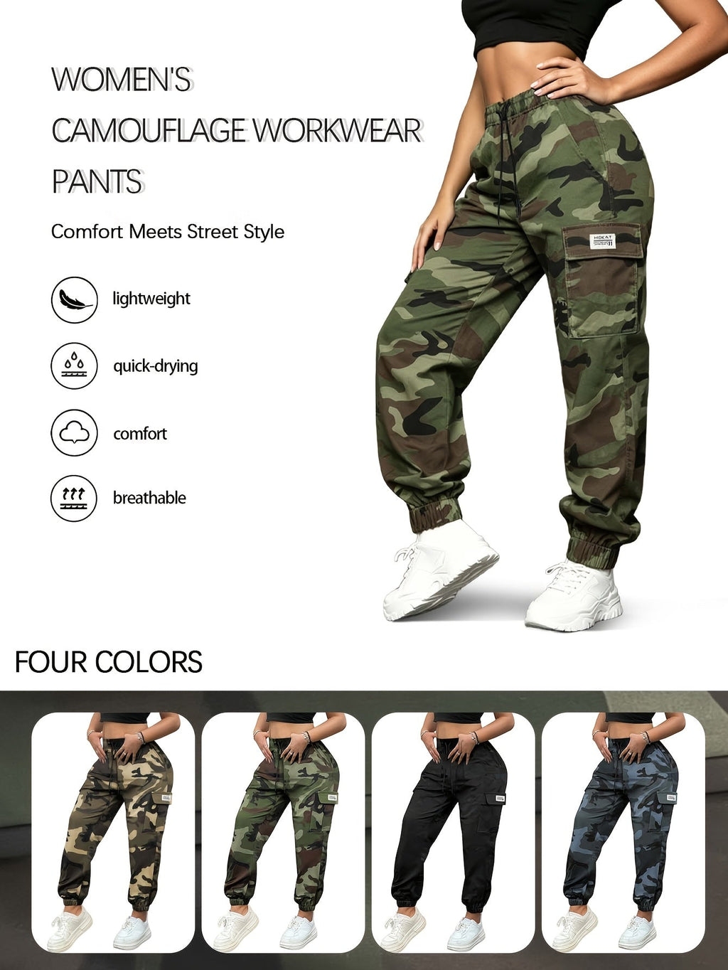 Women's Camo Cargo Pants Lightweight Breathable Hiking Outdoor Casual Long Pants – Multi-Pocket Elastic Waist, Sizes XS-XXL, Camouflage Khaki Black Army Green Grey
