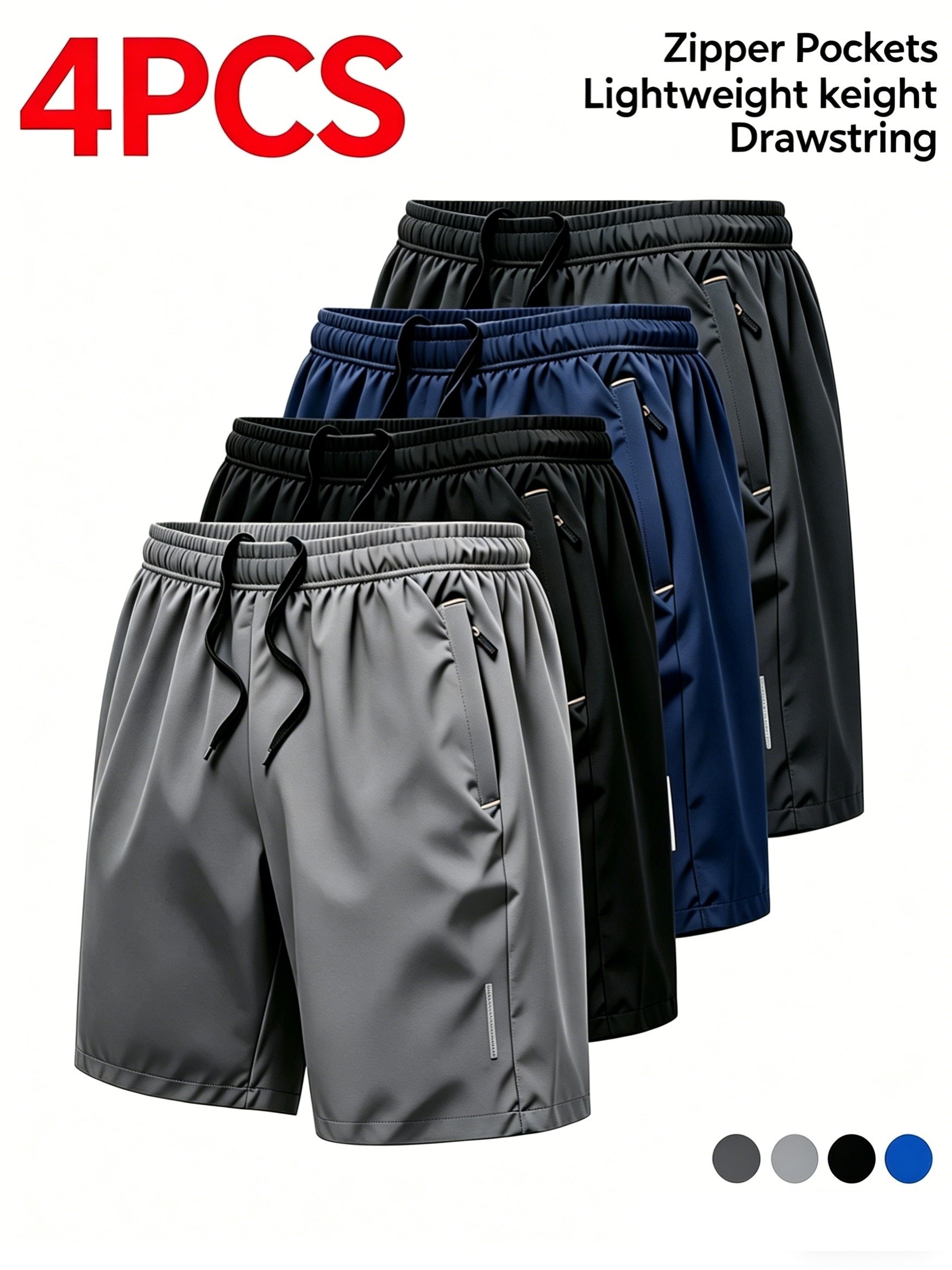 Men's Athletic Shorts 4-Pack Quick Dry Lightweight Breathable Sports Gym Running Workout Shorts Zipper Pockets Drawstring Waist Casual Loose Fit Fitness Cycling Basketball XS-XXXL