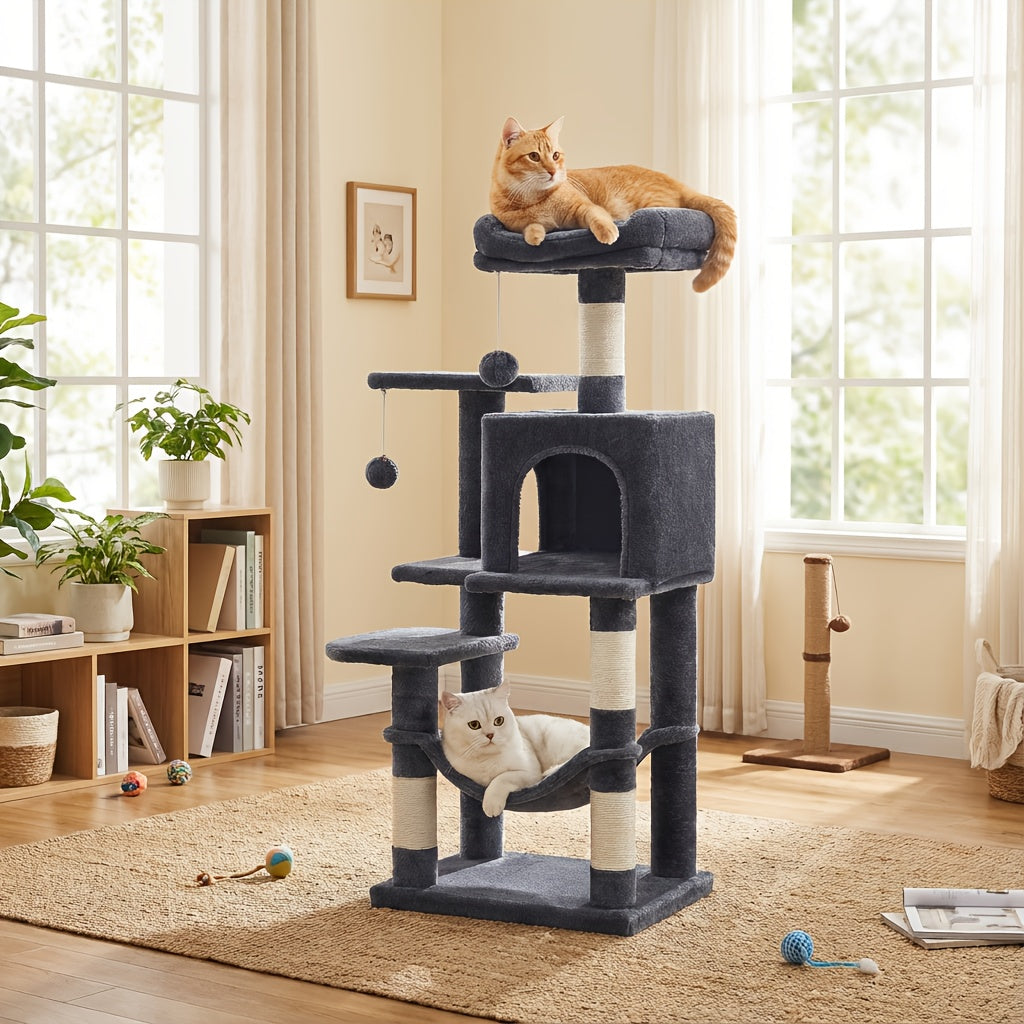 Cat Tree Tower 44 or 66 Inch Multi-Level Hammock Cozy Cave 4 Sisal Posts 2 Perches Anti-Tilt 10-Min Assembly Indoor Cats Kittens Multi-Cat Dark Gray Light Gray White Beige
