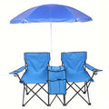 2-Person Outdoor Folding Chair with Removable Sun Umbrella – Portable Loveseat Camping Chair with Handrails for Fishing Beach Sunbathing Picnic