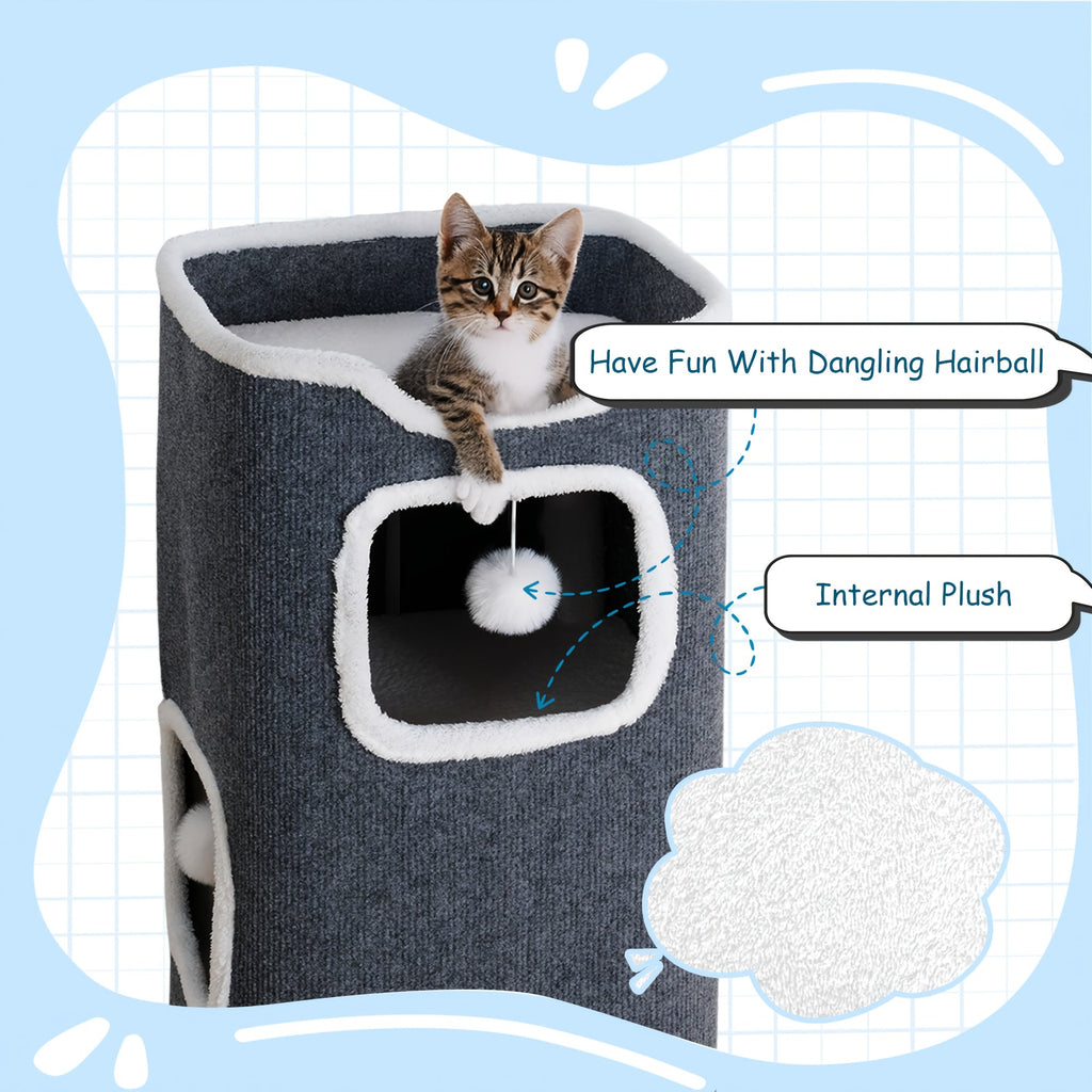 Multi-Level Foldable Cat Tree Tower for Indoor Cats Scratching Post Cozy Perch Cat Condo with Hanging Toy Ball & Hideaway – Soft Bed, 1/3/4 Tier Options, Light Gray Dark Blue Camel