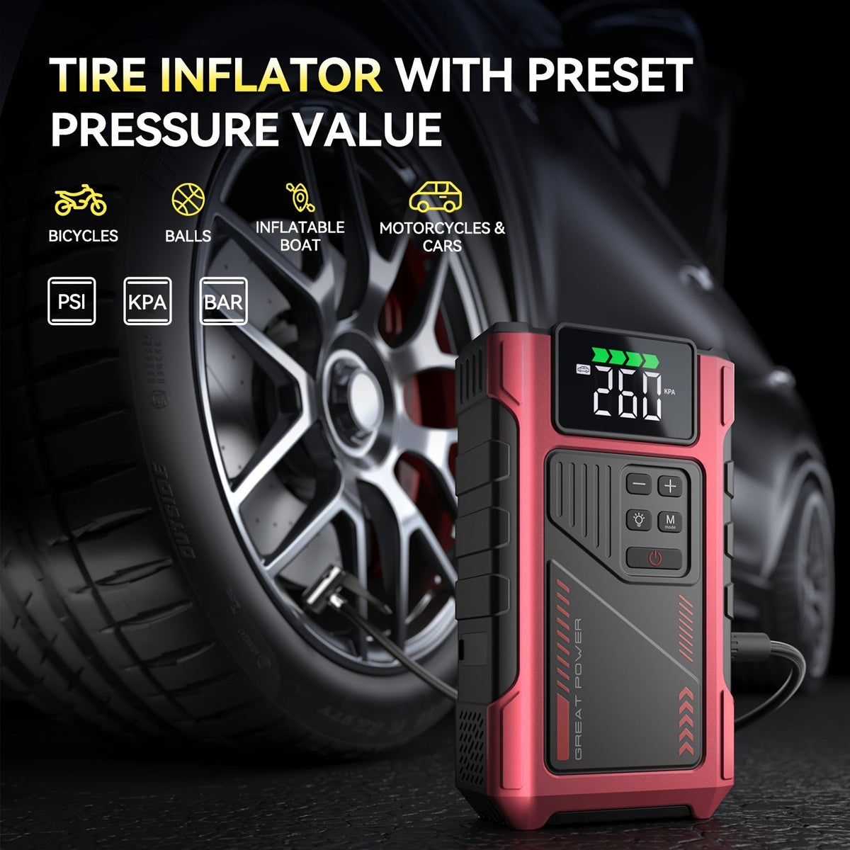 9 in 1 Portable Jump Starter with Air Compressor for 12V Cars Up to 8.0L Gas 6.5L Diesel Battery Booster Pack Tire Inflator USB Power Bank LED Emergency Light Safety Hammer Roadside Kit