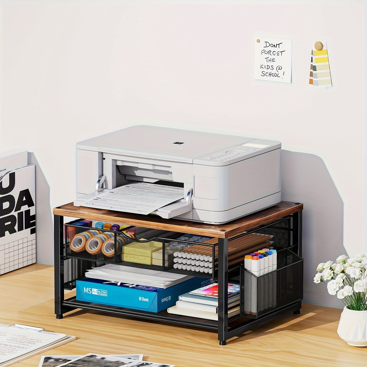 Metal Printer Stand with Storage Drawer & 2 Pen Holders – 2-Tier Desktop Organizer for Home Office, Printer Table for Scanner Fax Machine Files, Wood & Wood Black Finish