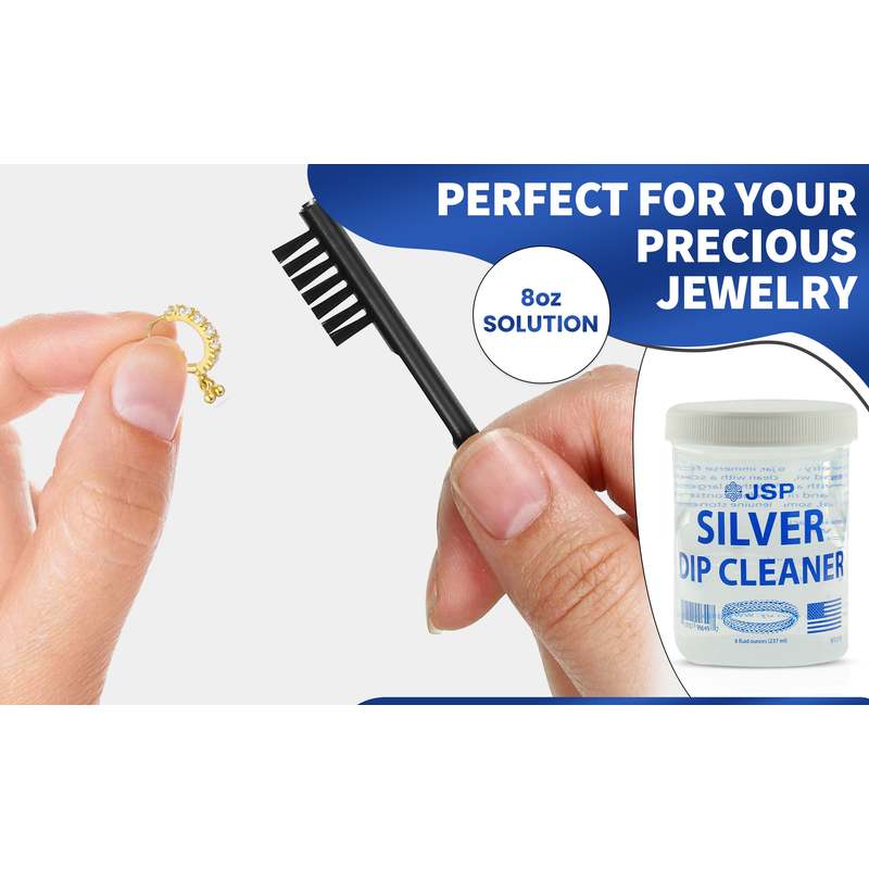 JSP Silver Dip Cleaner & Tarnish Remover 8oz Kit – 925 & 999 Sterling Silver Jewelry Cleaning Solution with Basket & Microfiber Cloth, Restores Shine