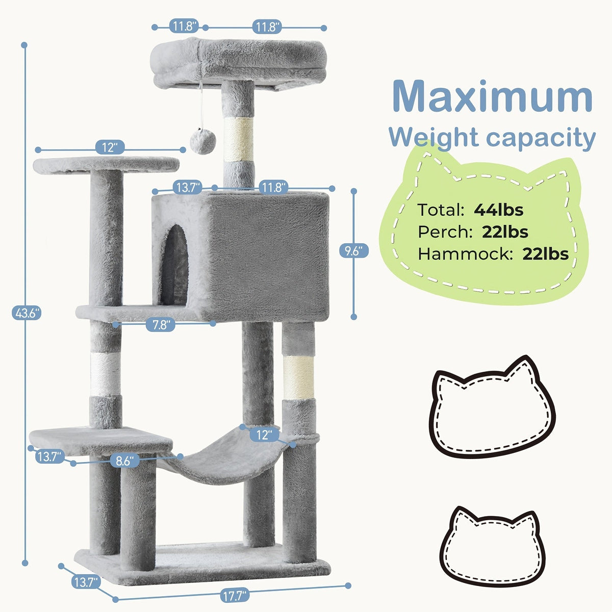 44-Inch Cat Tree Tower with Condo & Hammock Natural Sisal Scratching Posts Multi-Level Perches & Pet House – Indoor Cats Kittens Multi-Cat, Beige Gray Pink Black/Red