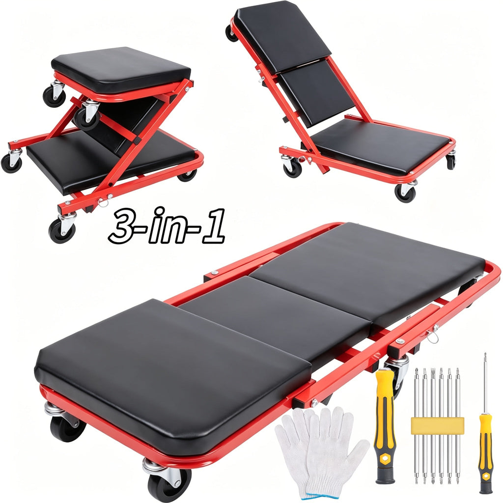 36 Inch Folding Mechanic Creeper Z-Crawl Board with 6 Swivel Wheels – Adjustable Load Board Car Crawl Seat with Tool Kit, Deck Repair & Tire Repair Accessories, DIY Auto Mechanic Gift for Men, Husbands & Car Enthusiasts