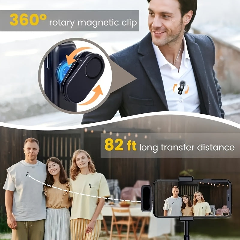 Wireless Lavalier Microphone USB-C 2.4G with DSP Noise Reduction, Digital Battery Display, 360° Omnidirectional Clip-On Lapel Mic, 100ft Range, Feather Windshield, Rotatable Magnetic Clip for iPhone, Android, Camera & Content Creators