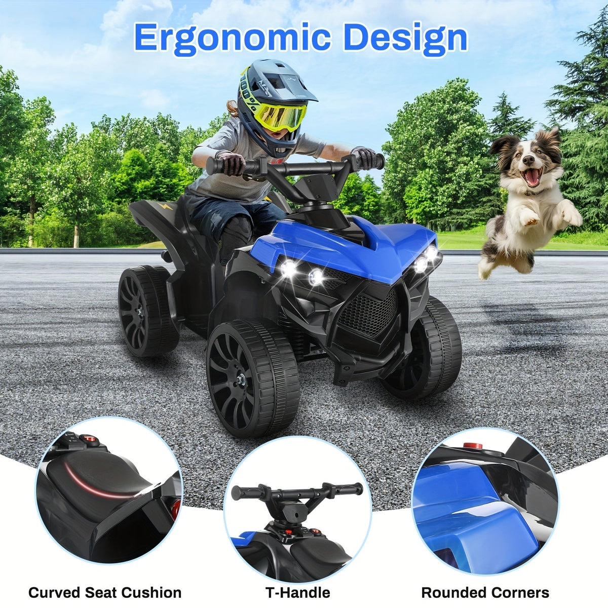 Kids Electric Quad ATV Ride-On Car with Headlights Pedal Accelerator All-Terrain Anti-Slip Tires 55 lbs Capacity 1.86 MPH Ride On Toy for Boys Girls Ages 3-6 Birthday Christmas Gift Blue Black Pink Red