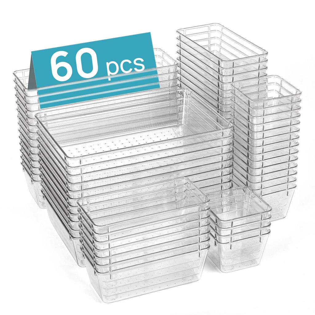 Clear Plastic Drawer Organizer Set 44 or 60 Pcs 4 Sizes Non-Slip Vanity Tray Organizers for Makeup Jewelry Bathroom Bedroom Kitchen Office Desk Cosmetic Storage
