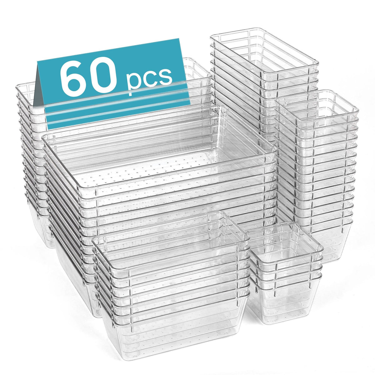 Clear Plastic Drawer Organizer Set 44 or 60 Pcs 4 Sizes Non-Slip Vanity Tray Organizers for Makeup Jewelry Bathroom Bedroom Kitchen Office Desk Cosmetic Storage