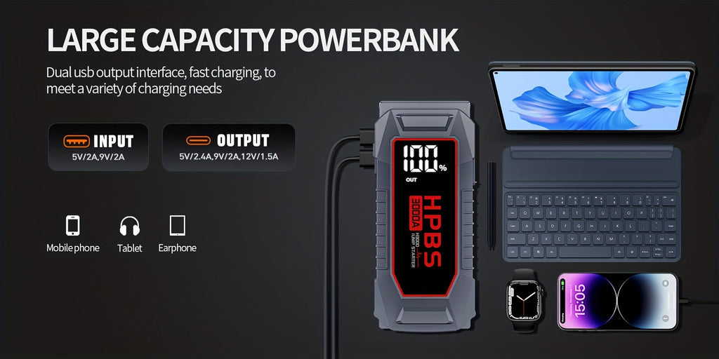 5000A Car Jump Starter 24000mAh Power Bank 12V Battery Booster for Gas Diesel Engines – Quick Start Dead Battery for Car Truck SUV Motorcycle with LED Flashlight for Outdoor Emergencies