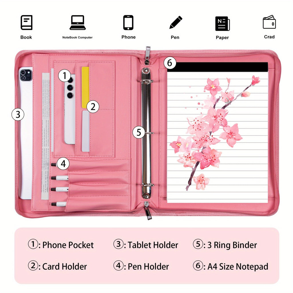 Vegan Leather Portfolio Binder 3-Ring Zipper with Laptop Pocket A4 Legal Work Organizer for Women Men Office School