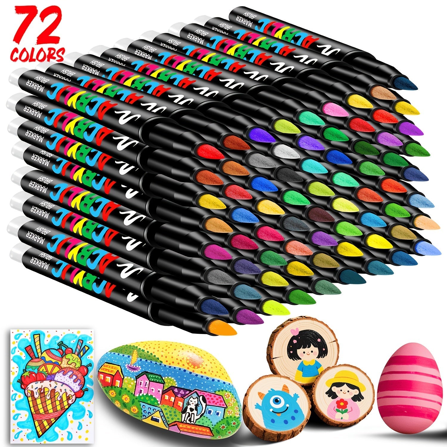 Acrylic Paint Markers 48 72 Colors Flexible Brush Tip Permanent Paint Pens Anti-Clog 1-8mm for Fabric Rock Glass Wood Canvas Ceramic Plastic Metal Art Craft School Gift