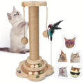Wooden Cat Scratching Post 5-in-1 Solid Pine Base Tall Sisal Post 2-Level Track Ball Feather Toy Hanging Balls No-Debris Indoor Cat Activity Center Kittens Adults