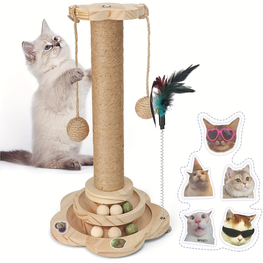 Wooden Cat Scratching Post 5-in-1 Solid Pine Base Tall Sisal Post 2-Level Track Ball Feather Toy Hanging Balls No-Debris Indoor Cat Activity Center Kittens Adults