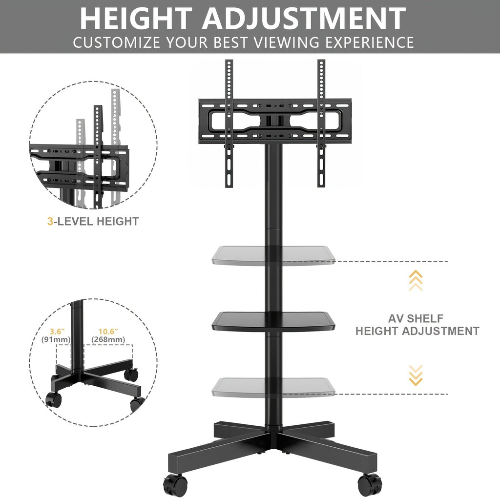 Rolling TV Stand Cart on Wheels for 23-60 Inch TVs Height Adjustable 88lb VESA 400x400 Media Shelf 360 Locking Wheels No Wall Drilling Mobile TV Mount