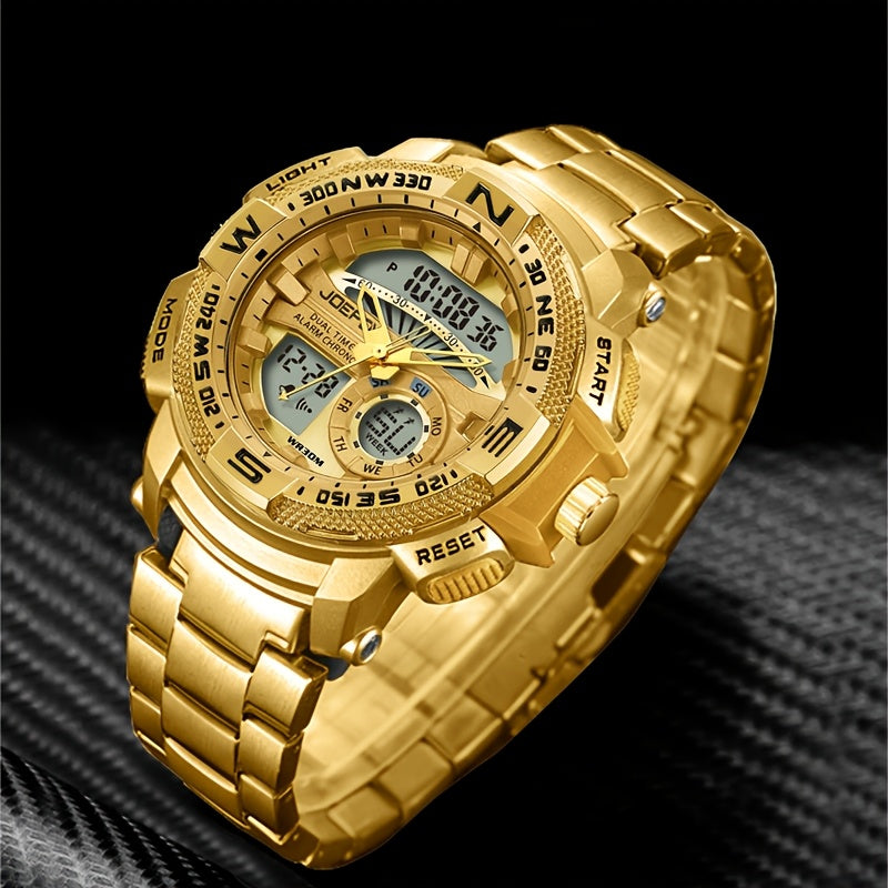 Dual Display Sport Watch for Men Large Face – LED Night Light 3ATM Waterproof Chronograph Alarm Calendar Field Military Style Wristwatch Gold Silver, Perfect Gift for Him