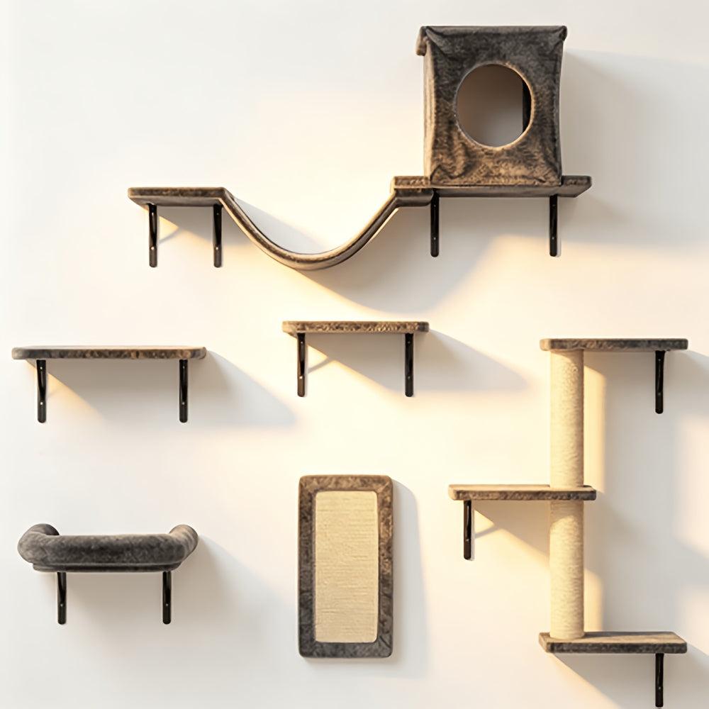 Wall Mounted Cat Climbing Shelf Set 7-Piece Deluxe Indoor Cat Furniture with Condo Scratching Post Bridge Ladder Tunnel – Space-Saving Cat Wall Playground for All Cat Sizes