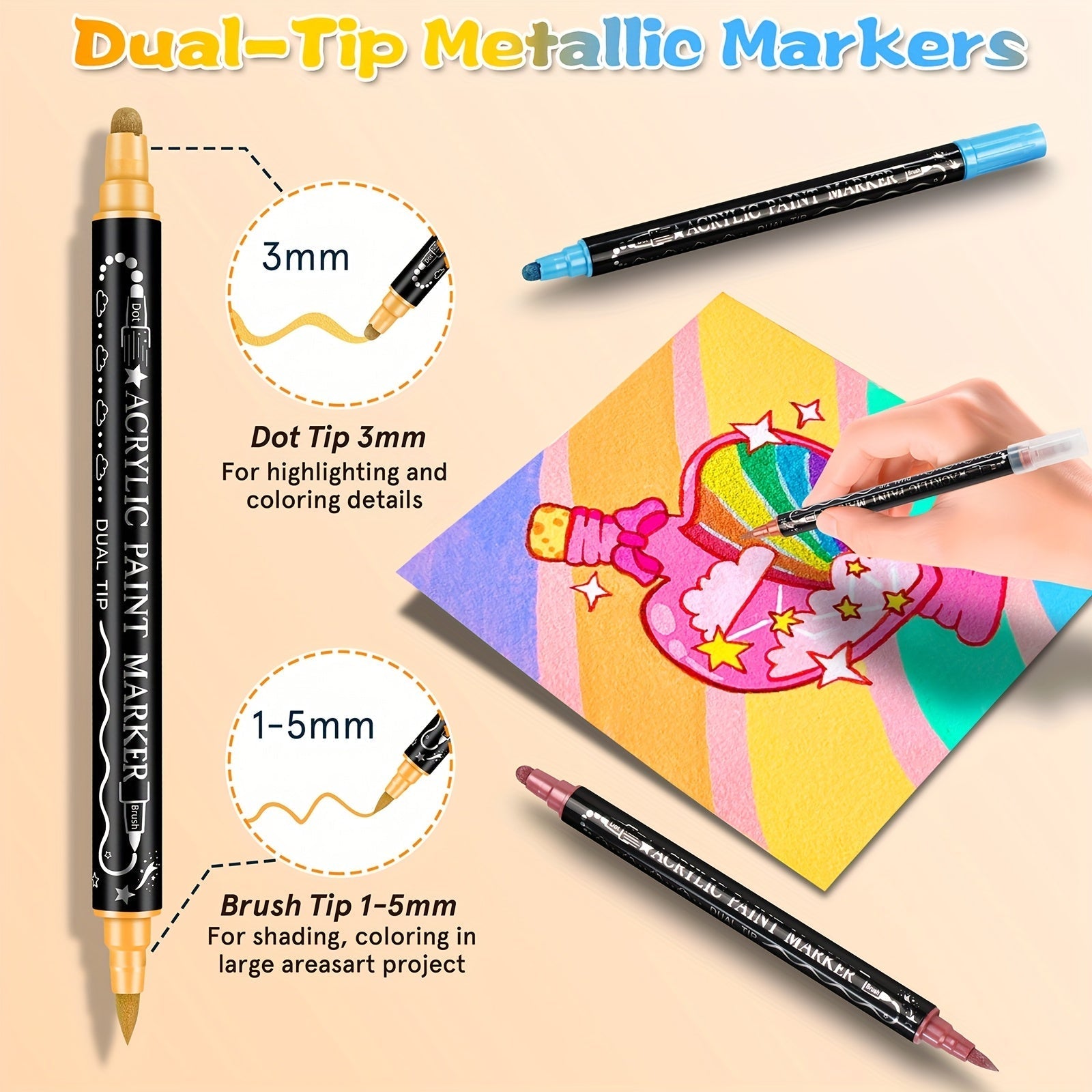 24 Metallic Acrylic Paint Markers Dual Tip – Brush Tip & Dot Tip Waterproof Permanent Paint Pens for Rock Painting, Ceramic, Wood, Canvas, Glass, Stone, Calligraphy & Card Making Crafts