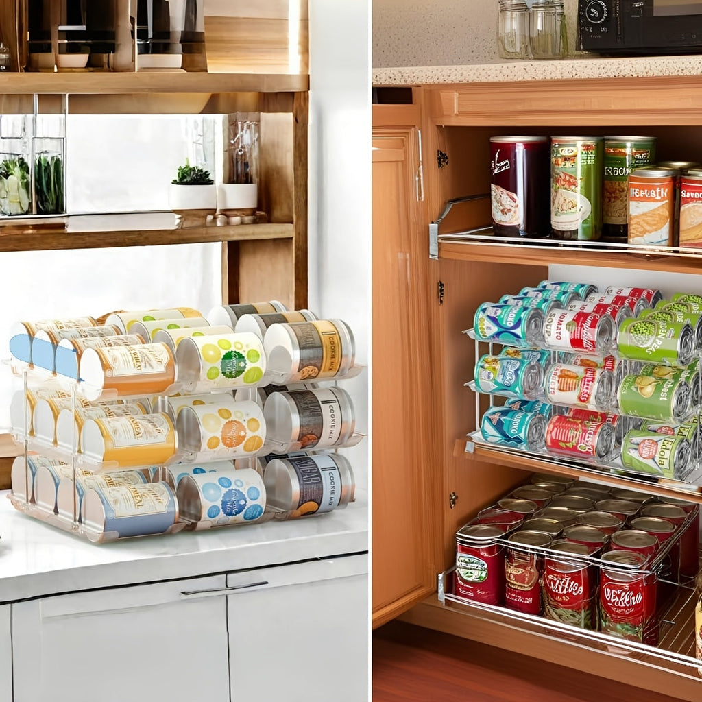Pantry Can Organizer Rack 3-Tier Stackable – Holds 36 Cans, Auto-Rolling Transparent PET Can Storage Rack for Kitchen Pantry, Garage, Dorm & Closet, Tool-Free Assembly, Fits Soda Soup Vegetable Cans