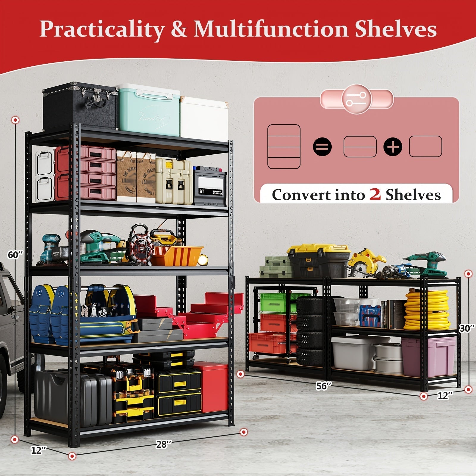 Heavy Duty 5 Tier Metal Shelving Unit 2000 LBS 60 Inch Adjustable Steel Storage Rack – Freestanding Garage Shelves for Basement, Pantry, Closet & Utility Room