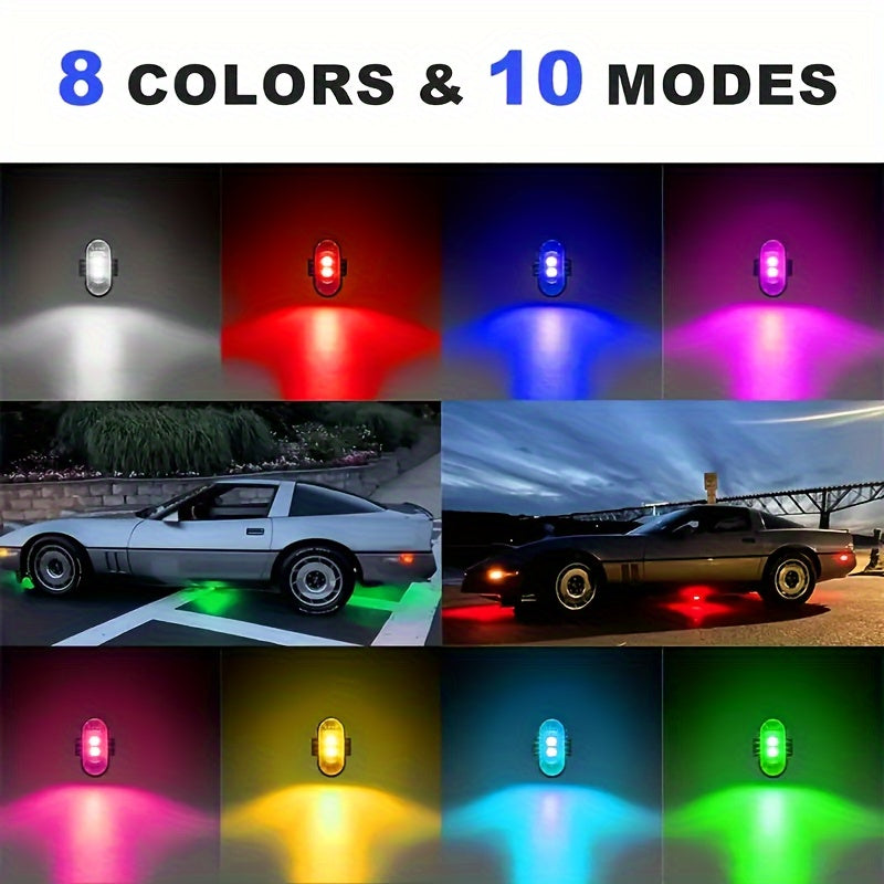 Wireless LED Strip Lights 8 Color Anti-Collision Warning Light Remote Control USB Rechargeable Waterproof for Car Motorcycle Drone Bicycle Night Visibility Safety 4-Pack 6-Pack