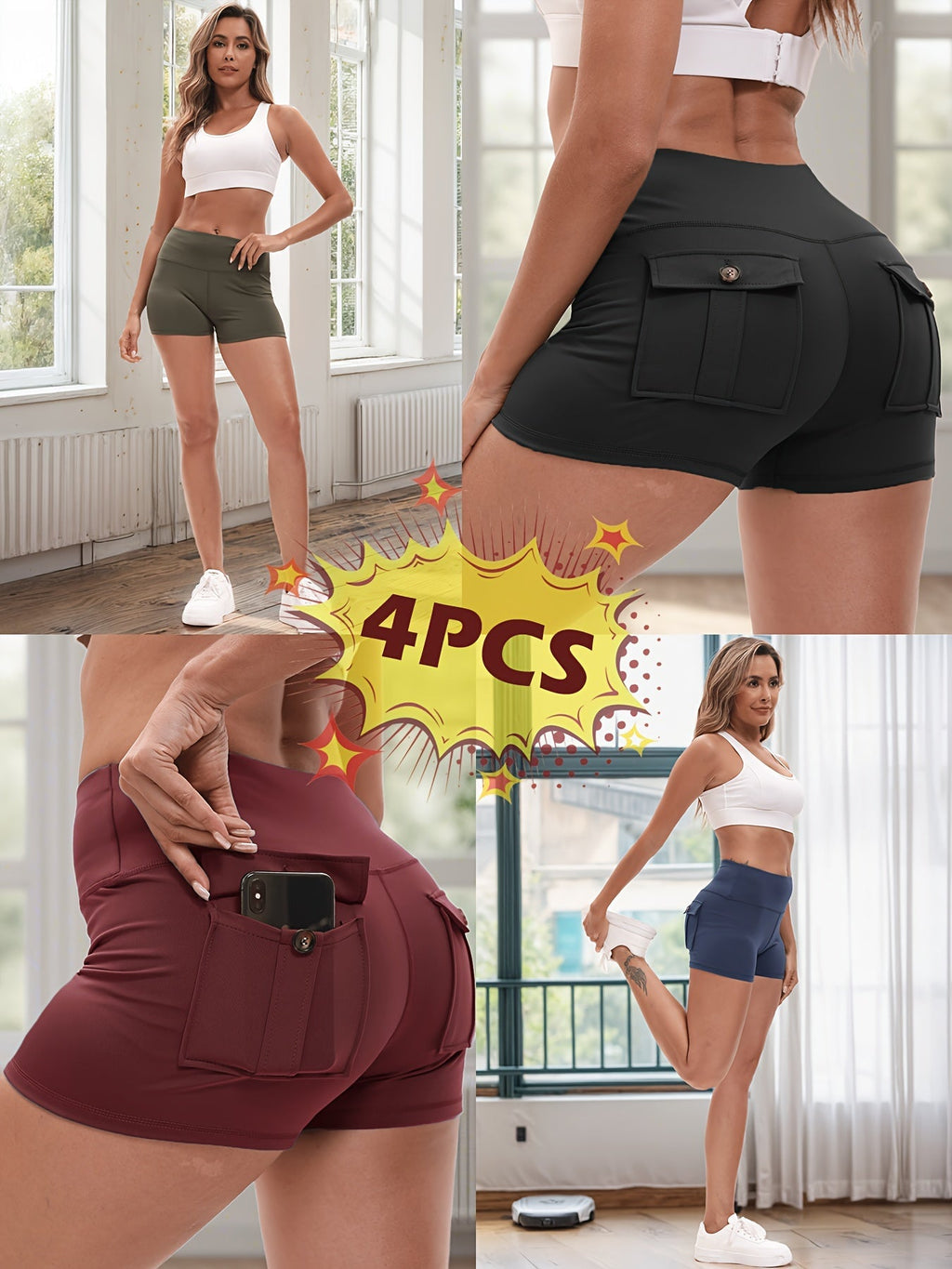 Women's Yoga Shorts 4 Pack High-Stretch Hip Lifting Quick-Dry – Fitness Athletic Shorts with Elastic Waist & 2 Pockets for Gym Running Pilates, Solid Color Set S-XXL