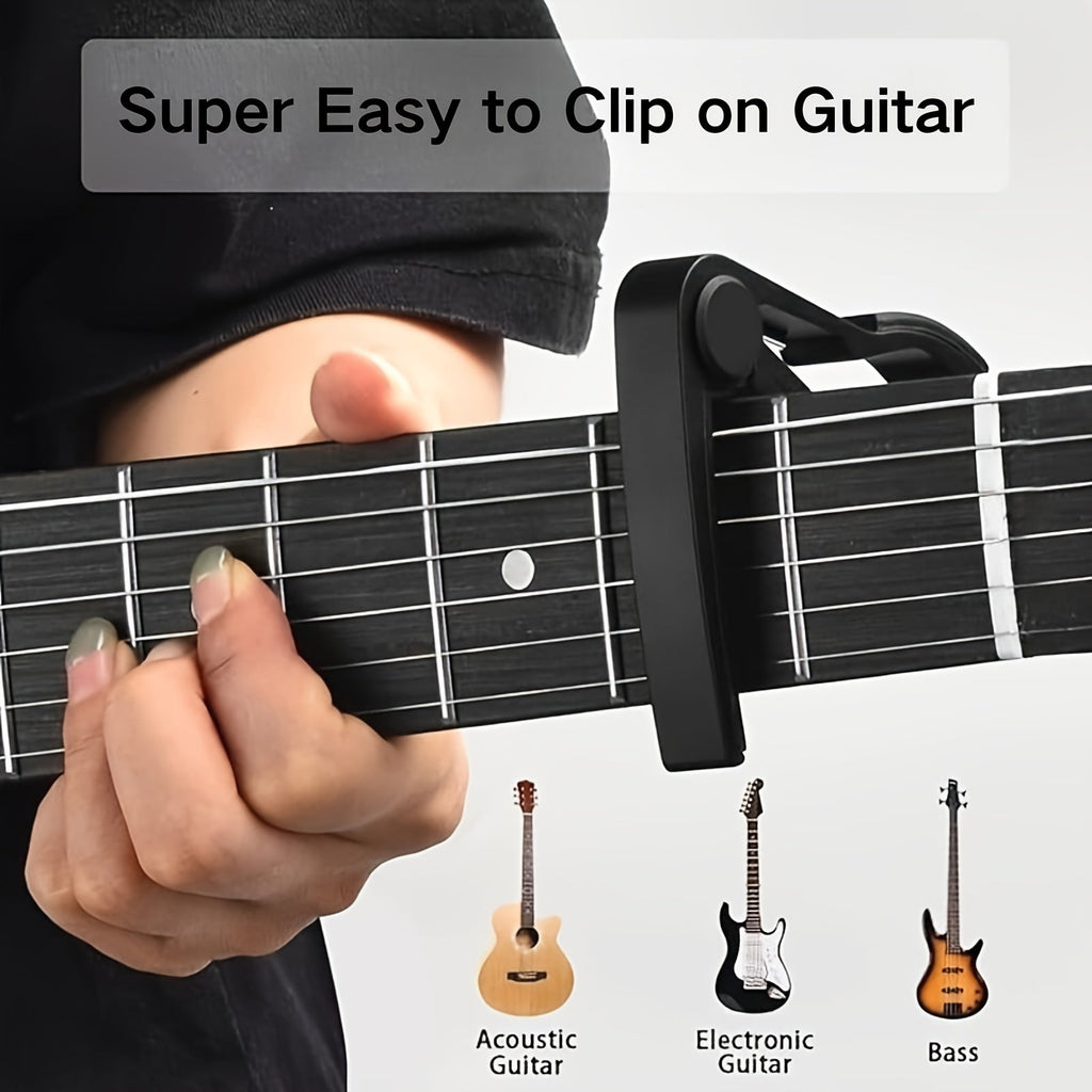 Guitar Clip-On Tuner & Capo Set with Picks 9pcs – Chromatic Multi-Mode Tuner for Acoustic, Electric, Bass, Violin & Ukulele, Spring-Loaded Capo, Rosewood Picks Included