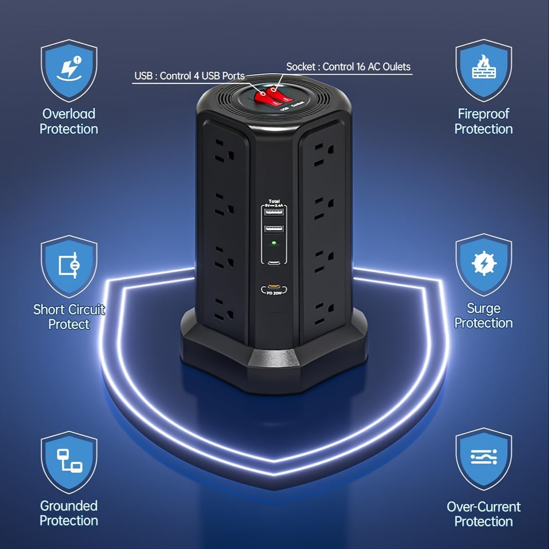 Tower Surge Protector Power Strip 12 Outlets 5 USB Ports PD 18W USB-C Fast Charging 10FT Extension Cord 1800J Surge Protection 4 Independent Switches Home Office Desk Dorm Room Vertical Design