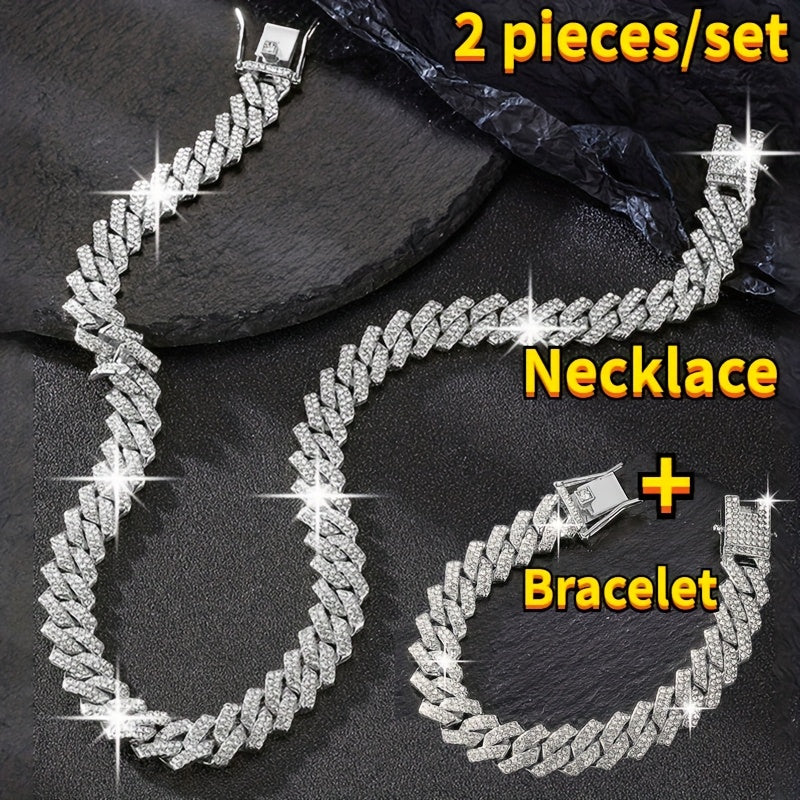 Cuban Link Chain Jewelry Set for Men 2pcs – Hip Hop Miami Bling Necklace and Bracelet Set, Luxury Fashion Streetwear Accessories, Perfect Birthday Anniversary Gift for Him