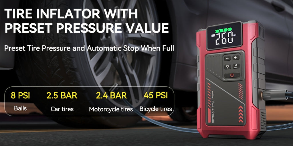 8000A Portable Jump Starter with Air Compressor 12V Battery Booster for 8.0L Gas 6.5L Diesel Engines USB Charging Ports LED Flashlight Jump Box for Cars Trucks SUVs Motorcycles