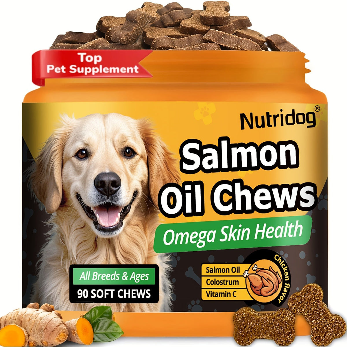 Dog Supplement Soft Chews 90 Count Probiotics Salmon Oil Chicken Flavor Supports Coat Gut Health Immunity All Ages Puppies Seniors 225g