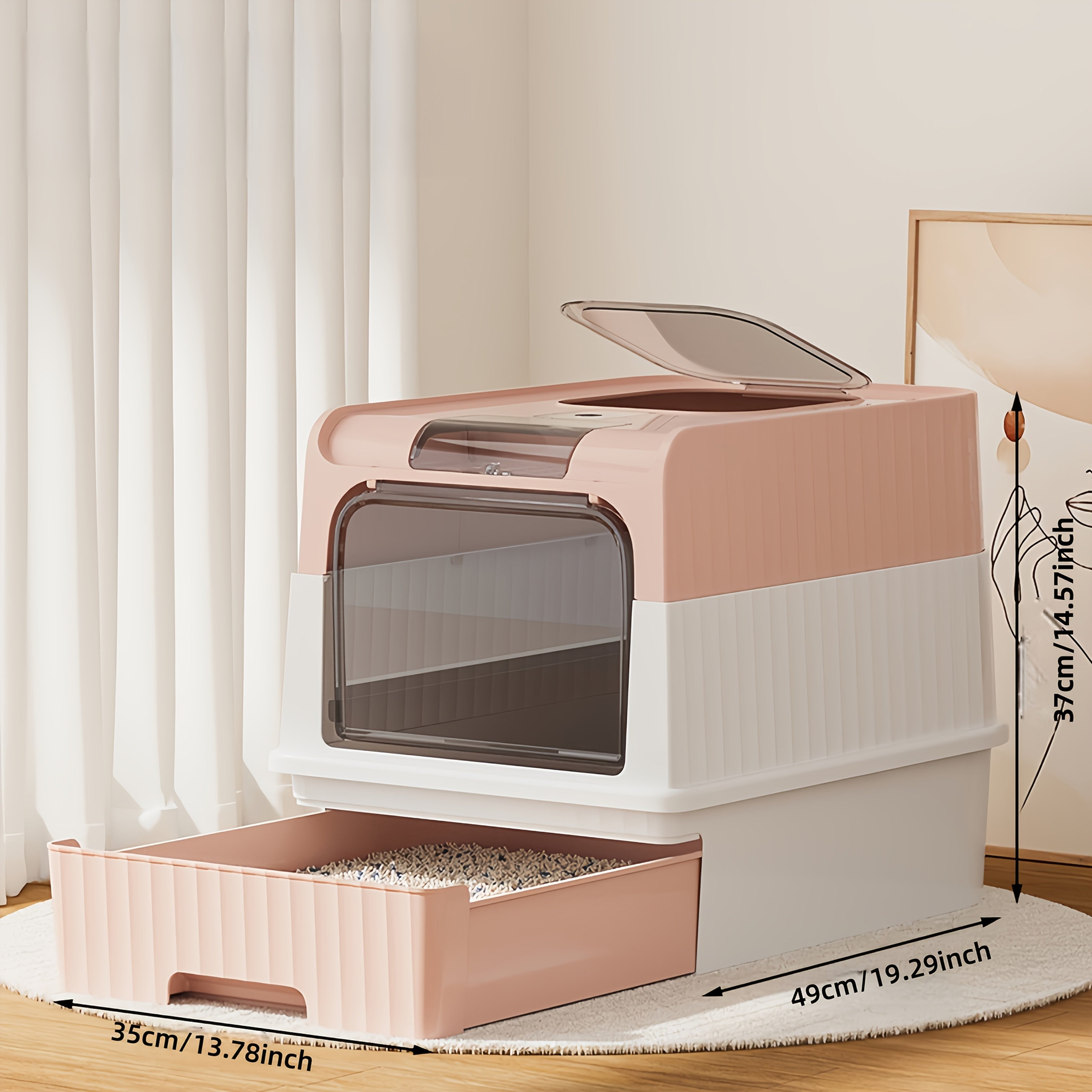 Large Covered Cat Litter Box with Pull-Out Drawer & Scoop – Fully Enclosed Cat Toilet, Front Entry Top Exit, Odor Control, Leak-Resistant Easy-Clean Tray for Multi-Cat Homes, Obsidian Black / Shell Gray / Sand Pink