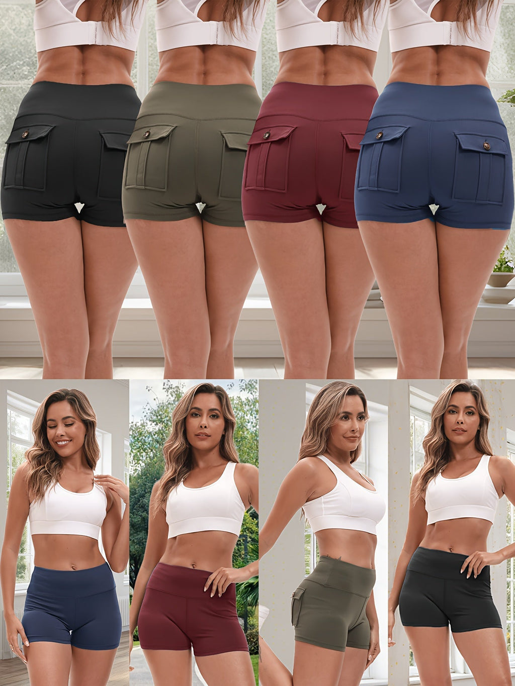 Women's Yoga Shorts 4 Pack High-Stretch Hip Lifting Quick-Dry – Fitness Athletic Shorts with Elastic Waist & 2 Pockets for Gym Running Pilates, Solid Color Set S-XXL