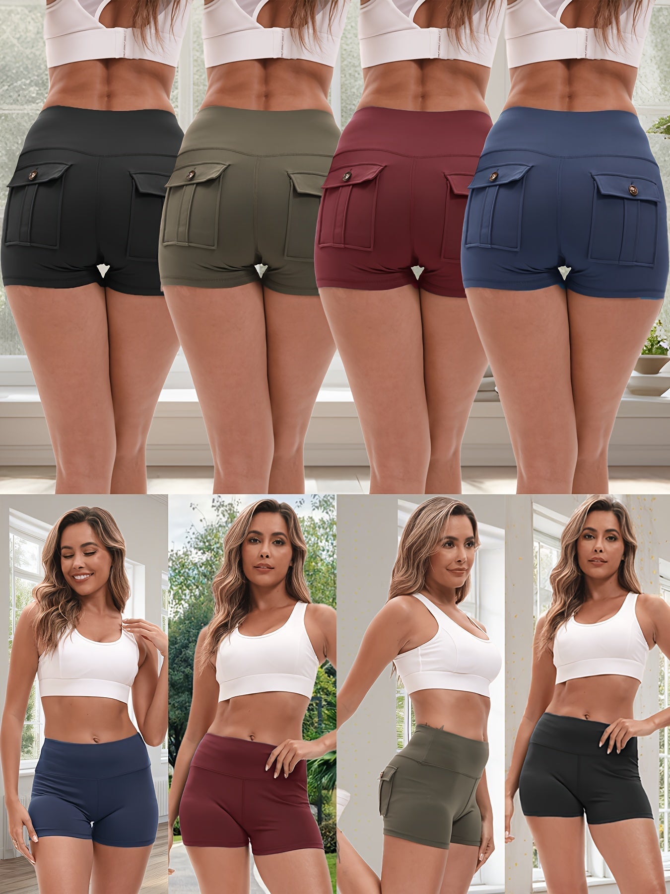 Women's Yoga Shorts 4 Pack High-Stretch Hip Lifting Quick-Dry – Fitness Athletic Shorts with Elastic Waist & 2 Pockets for Gym Running Pilates, Solid Color Set S-XXL