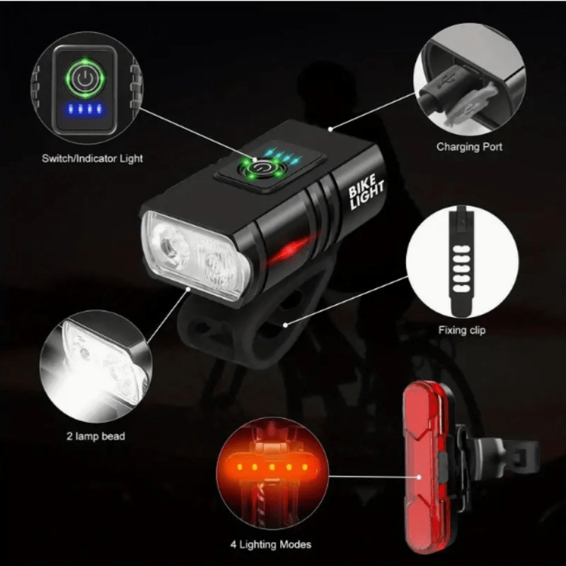 USB Type-C Rechargeable Bike Light Set – Aluminum Alloy Front Light 6 Modes & Rear Light 4 Modes, High-Lumen LED Bicycle Lights for Night Riding Commuting Camping Safety