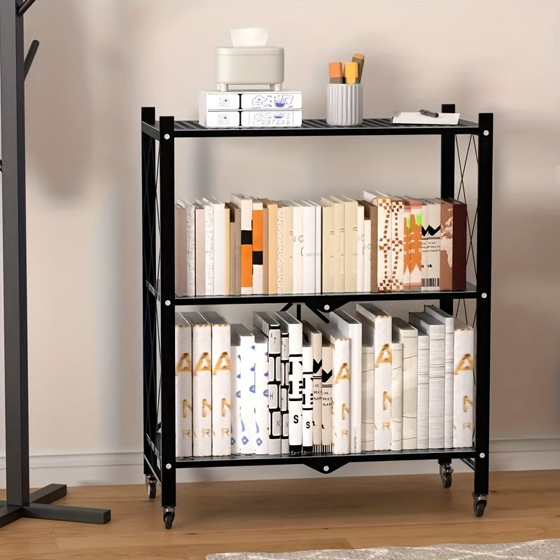 3 Layer Heavy Duty Foldable Metal Storage Rack with Wheels 750 LBS – Movable Rolling Shelving Unit for Garage Kitchen Warehouse Basement & Home Organization