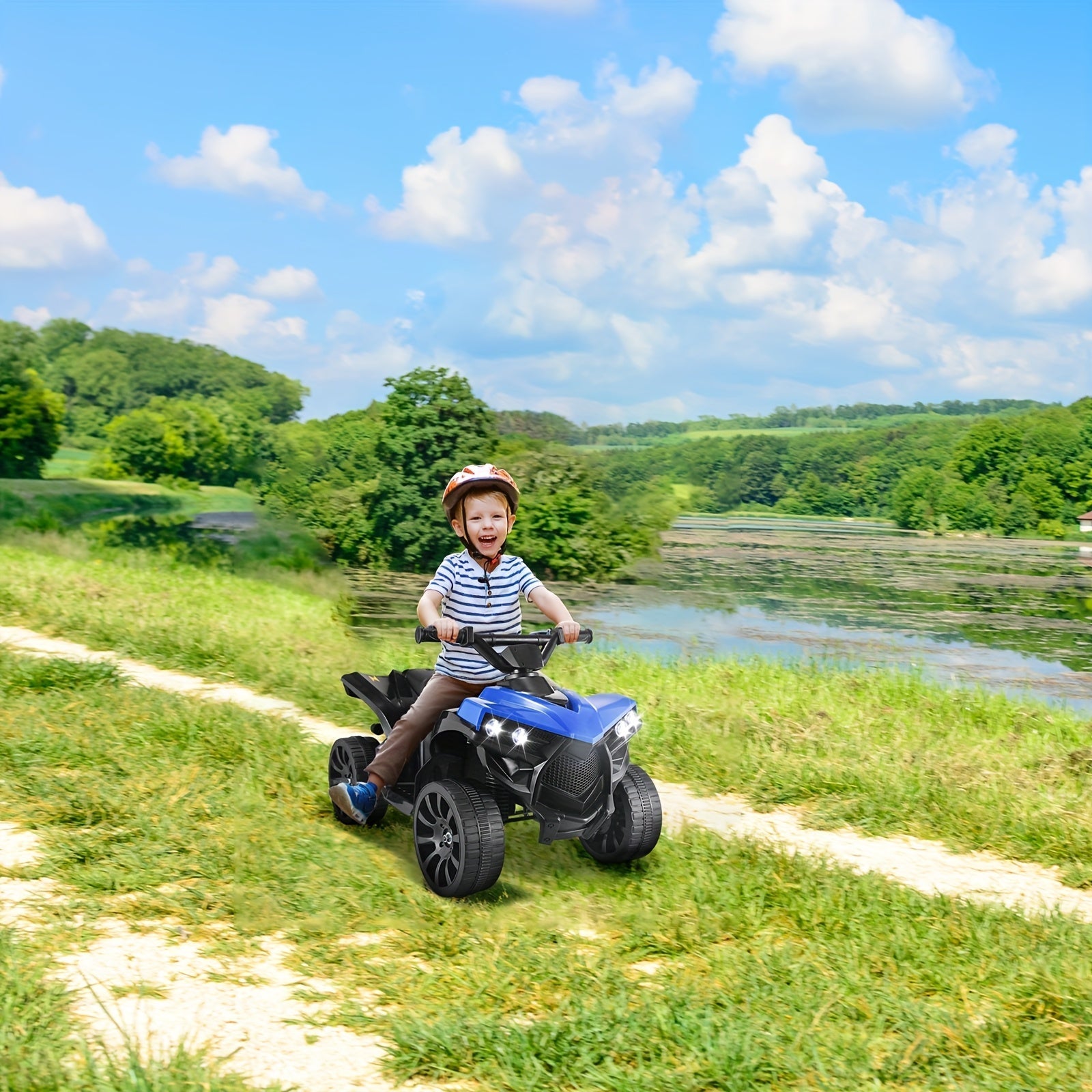 Kids Electric Quad ATV Ride-On Car with Headlights Pedal Accelerator All-Terrain Anti-Slip Tires 55 lbs Capacity 1.86 MPH Ride On Toy for Boys Girls Ages 3-6 Birthday Christmas Gift Blue Black Pink Red