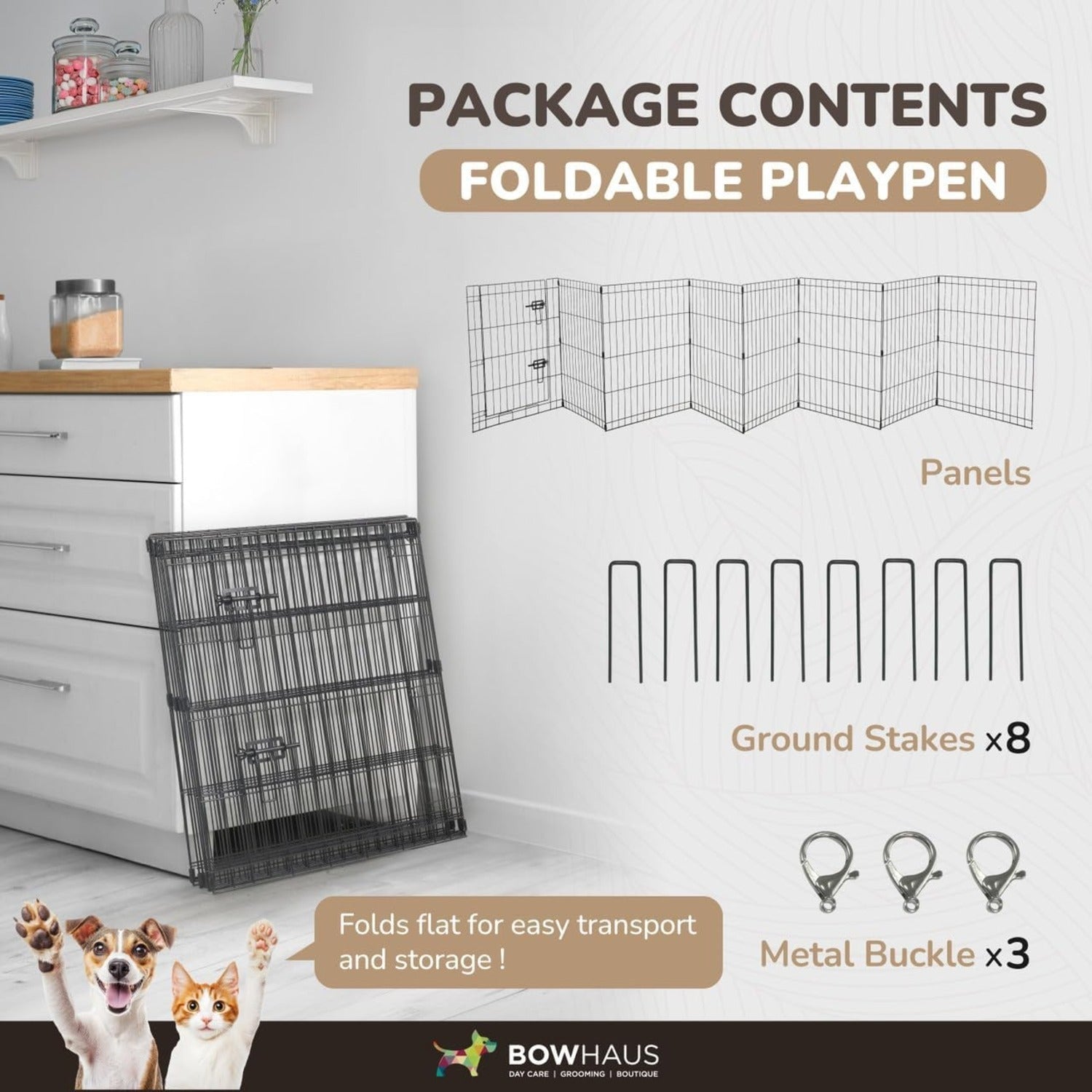 Foldable Dog Playpen 8 Panel – Heavy-Duty Metal Pet Kennel with Gate for Indoor & Outdoor Use, Portable Exercise Fence Cage for Small Dogs & Animals, Available in 24"/30"/36" Heights