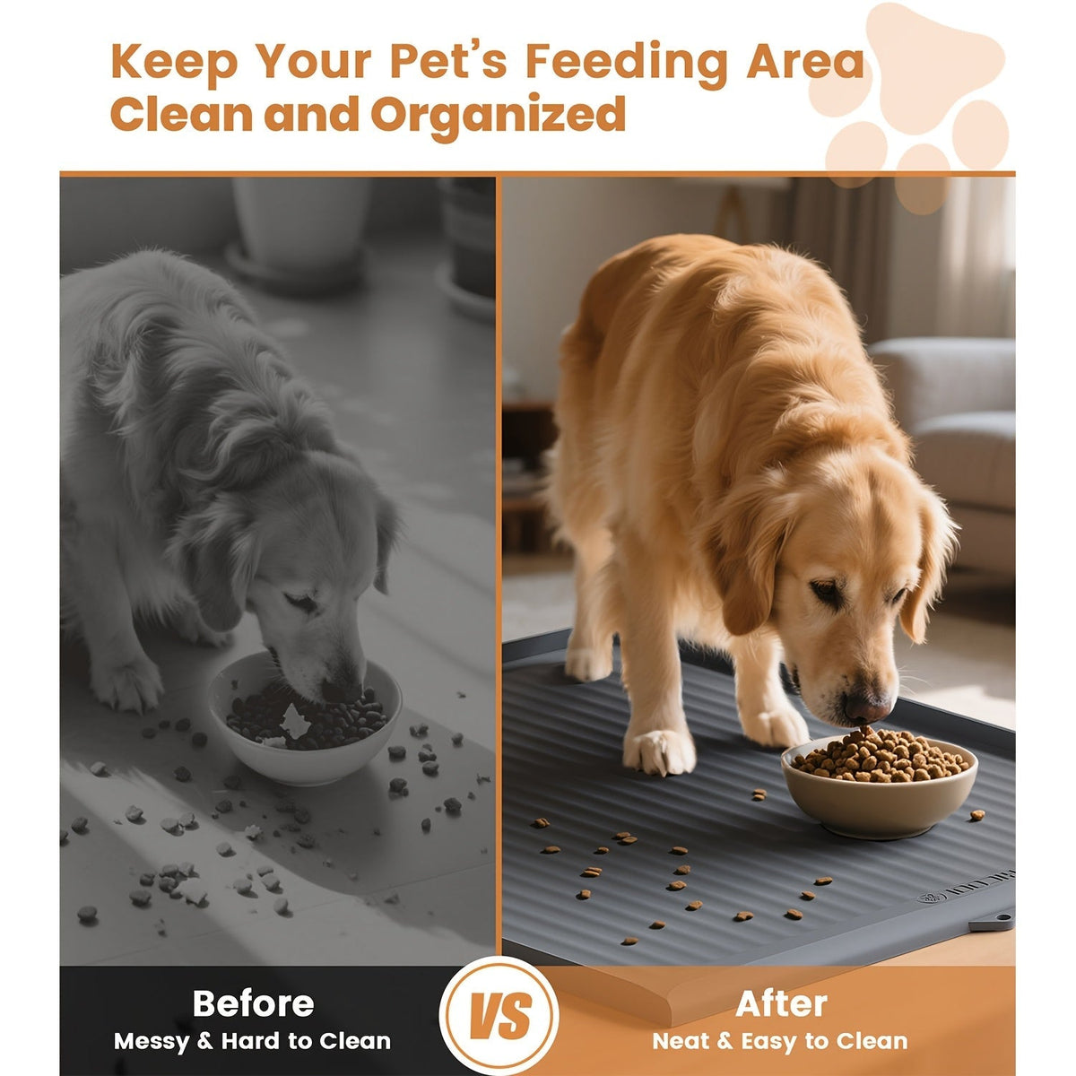 36"x24" Waterproof Pet Feeding Mat Large Non-Slip Dog & Cat Food Mat – Raised Edges, Diversion Grooves, Easy Clean Bowl Mat for Food & Water, Grey