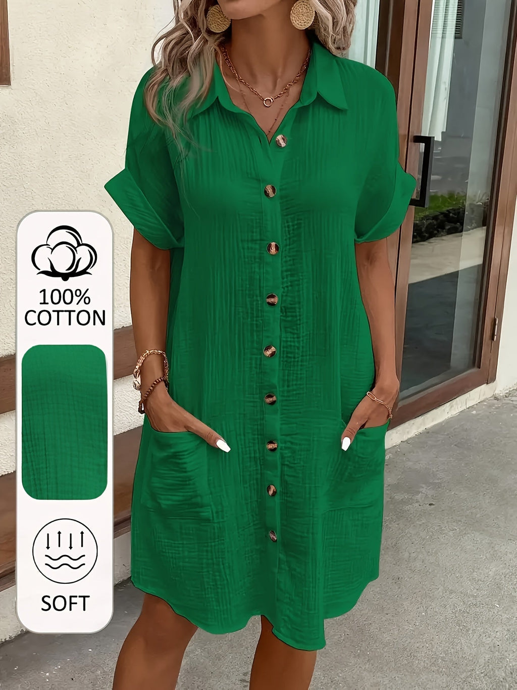 Women's V-Neck Short Sleeve A-Line Shirt Dress – Button-Front Soft Breathable Casual Semi-Formal Blouse Dress 5 Colors White Black Green Blue S-XXL